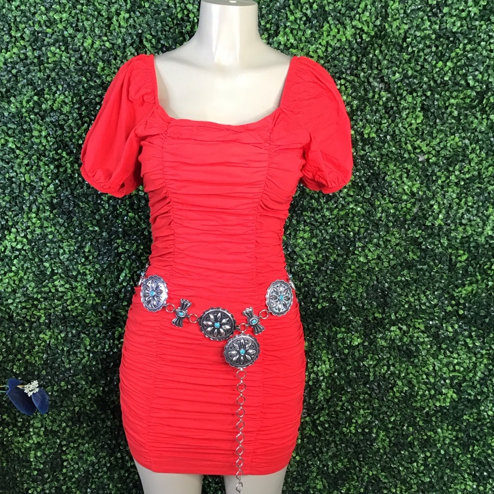 NWT red ruched dress on or off shoulder‎